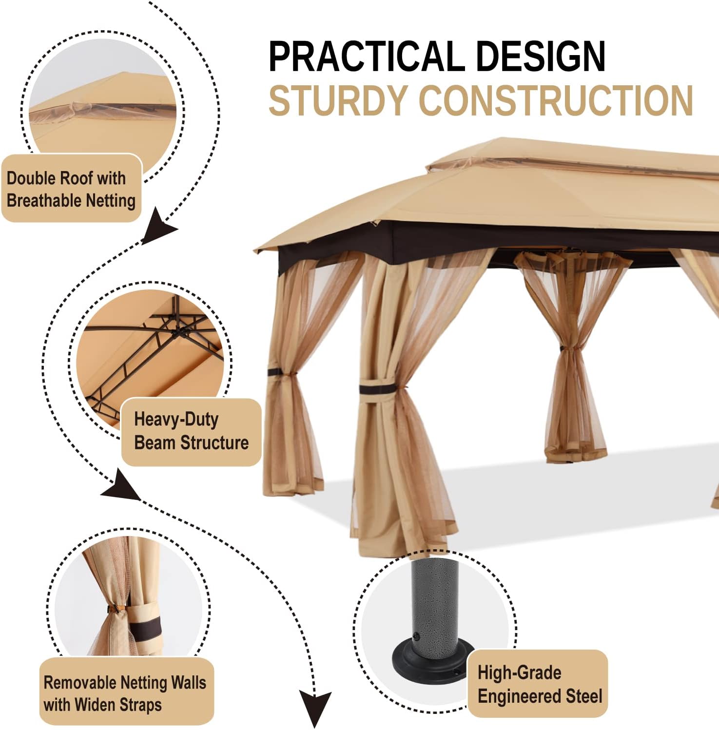 ABCCANOPY 10x20 Outdoor Gazebo - Patio Gazebo with Mosquito Netting, Outdoor Canopies for Shade and Rain for Lawn, Garden, Backyard & Deck (Beige)