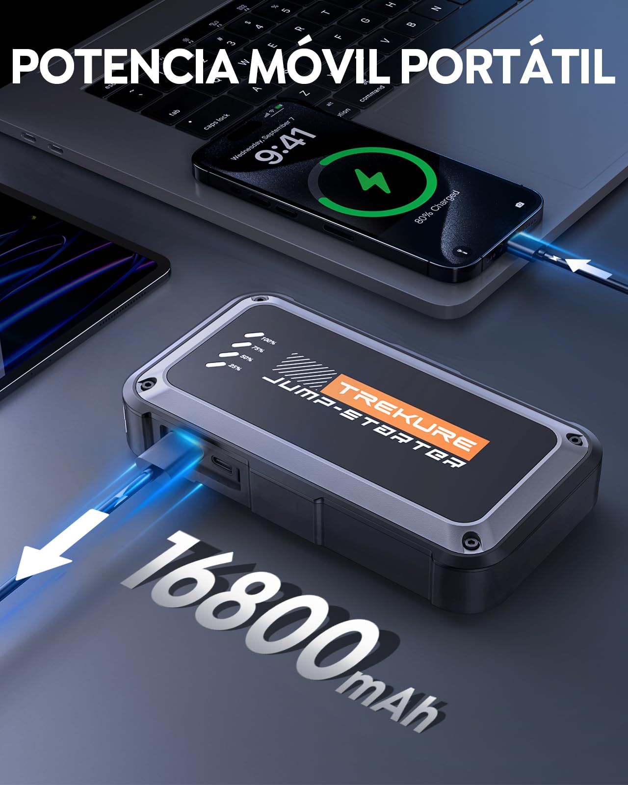 TREKURE 6000A Arrancador de Baterias de Coche (hasta 9,0 L de Gas o 8,5 L de Diésel), Arrancador de Coches Portatil, Protección Inteligente, Linterna LED de 300 LM con 4 Modos