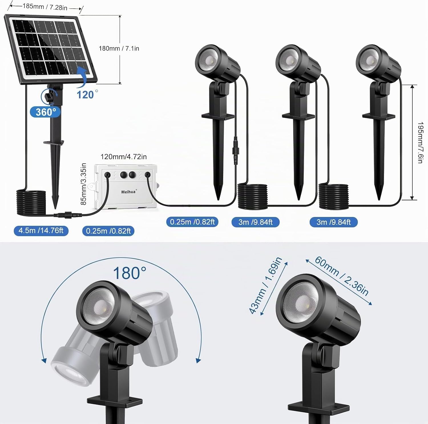 MEIHUA solarna lampa ogrodowa, 2700 K 4000K 6500K, 3 jasność, 2 tryby dynamiczne, lampa solarna, 3000 mAh, wodoszczelność IP66, solarne oświetlenie ogrodowe do ogrodów, patio, trawników, drzew 3 sztuk