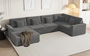 Modular Sectional Sofa, Oversized U Shaped Couch, Convertible Sleeper Sofa, 6 Seat Sofa with Chaise, Deep Seat Comfy Cloud Couch with Ottoman and Five Pillows for Living Room (U Shape Sectional, Gray)