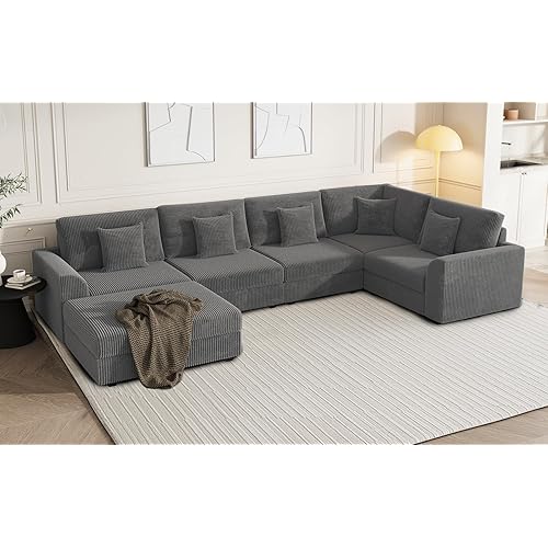 Modular Sectional Sofa, Oversized U Shaped Couch, Convertible Sleeper Sofa, 6 Seat Sofa with Chaise, Deep Seat Comfy Cloud Couch with Ottoman and Five Pillows for Living Room (U Shape Sectional, Gray)