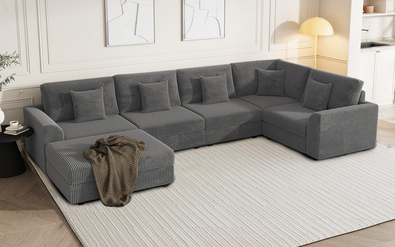 Modular Sectional Sofa, Oversized U Shaped Couch, Convertible Sleeper Sofa, 6 Seat Sofa with Chaise, Deep Seat Comfy Cloud Couch with Ottoman and Five
