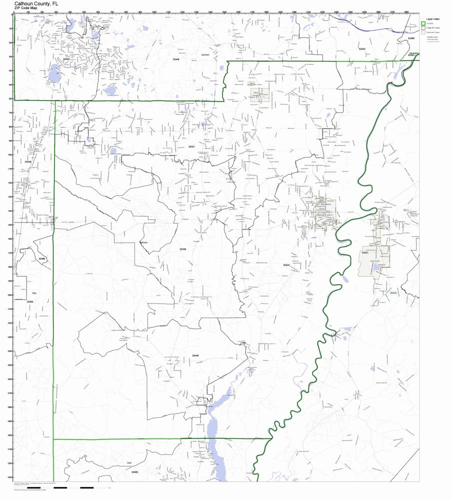 Calhoun County, Florida FL ZIP Code Map Not Laminated