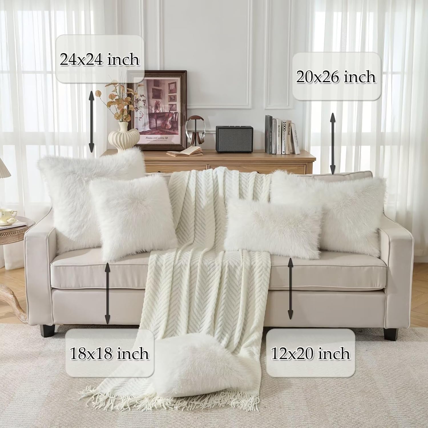 Set of 2 Decorative Throw Pillow Covers Luxury Fluffy Faux Fur Cozy Cushion Cover Pillowcase for Couch Sofa Bed Living Room Home Decor Ivory White-20 * 26inch