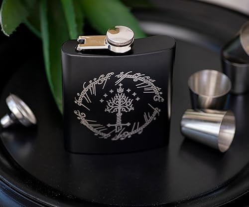 Miniatura 7 de Tree Of Gondor Black Hip Flask 7oz One Ring Gift for Husband Great Gift Idea for Fans of Lord Rings  Set of Engraved Flask 1 Funnel &amp; 4 Shot Glasses