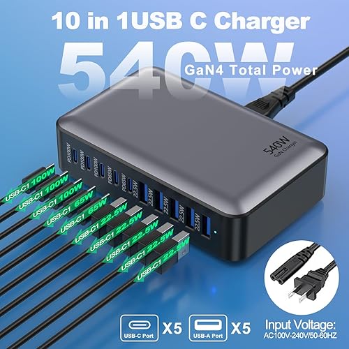Miniatura 2 de Bloque de carga rápida USB C, estación de carga USB de 540 W, cargador PD de 100 W, bloque de carga GaN, concentrador de carga múltiple de 10