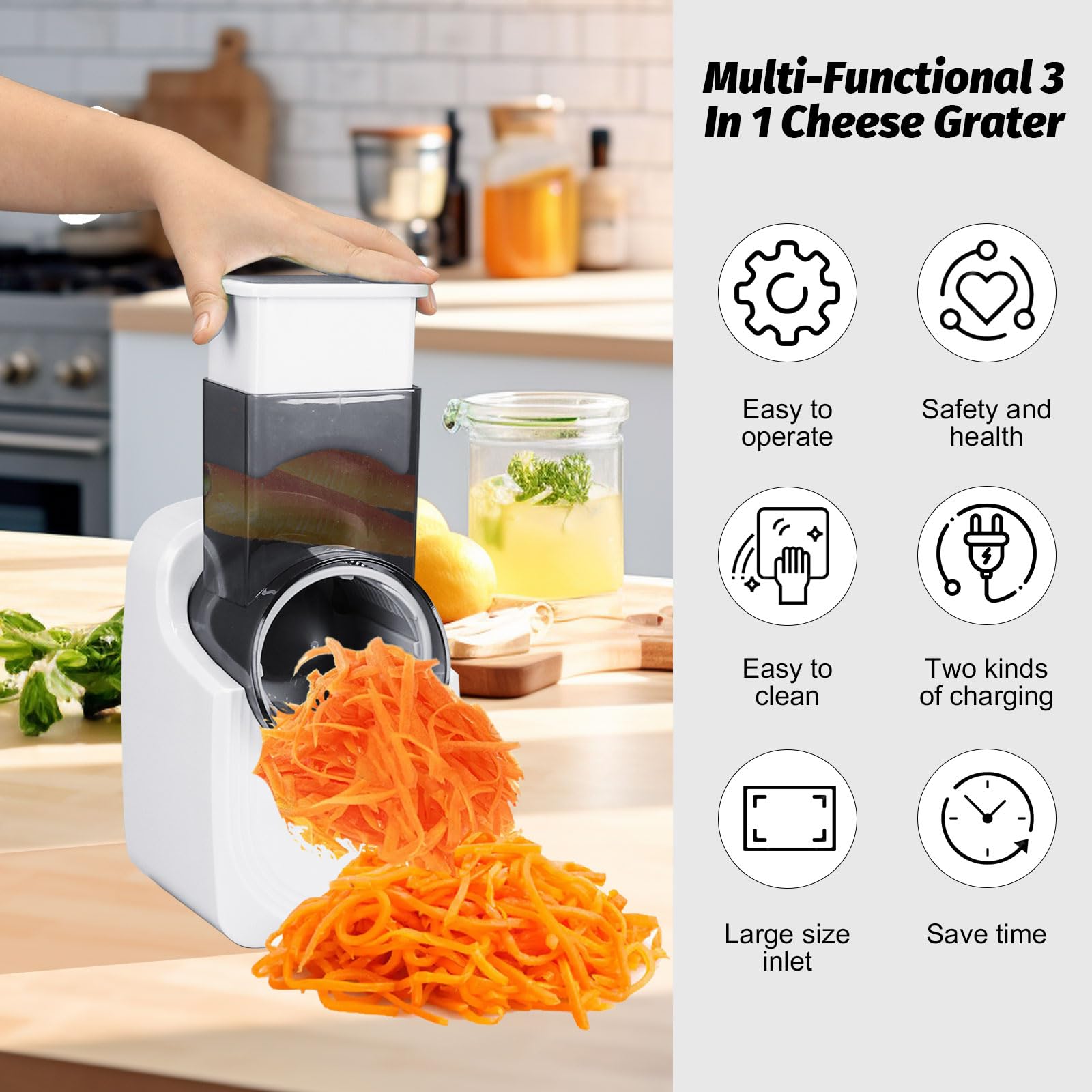Mandolina Affettatrice di Patate Verdure, Affettatrice Elettrica e Tagliaverdure, Tritatutto per Insalata di Verdure con 3 Lame Grattugia Rotativa per Affettare Verdure Facile Verdura e Frutta