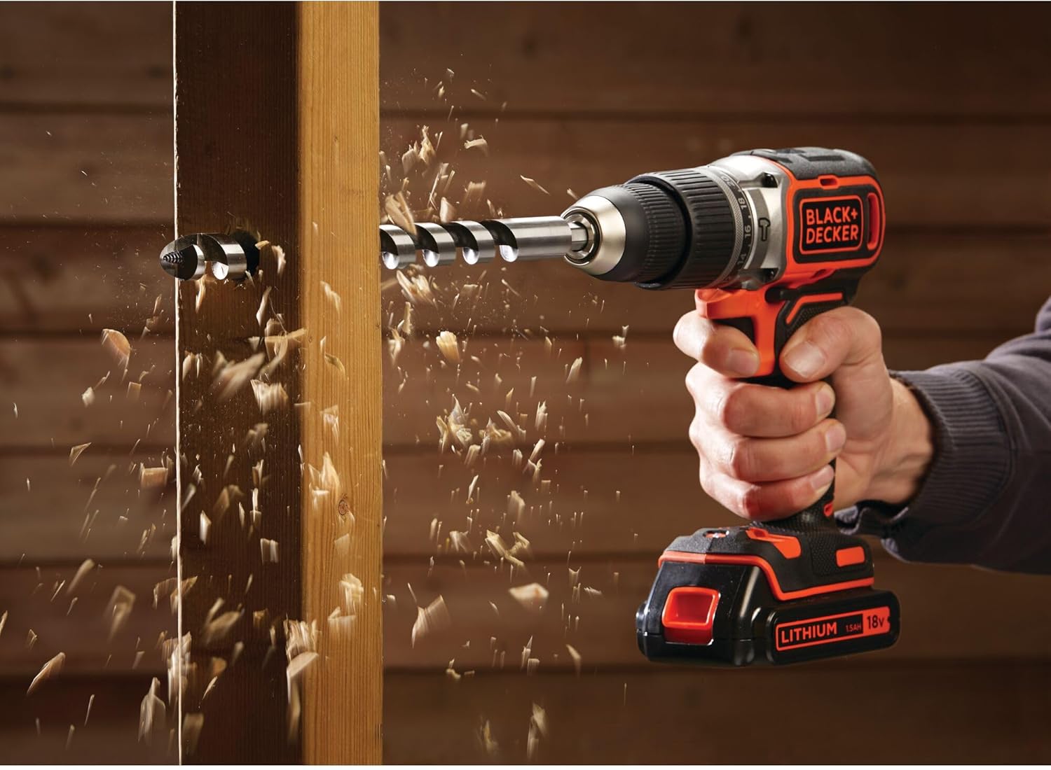 BLACK+DECKER 18V Brushless Hammer Drill in use