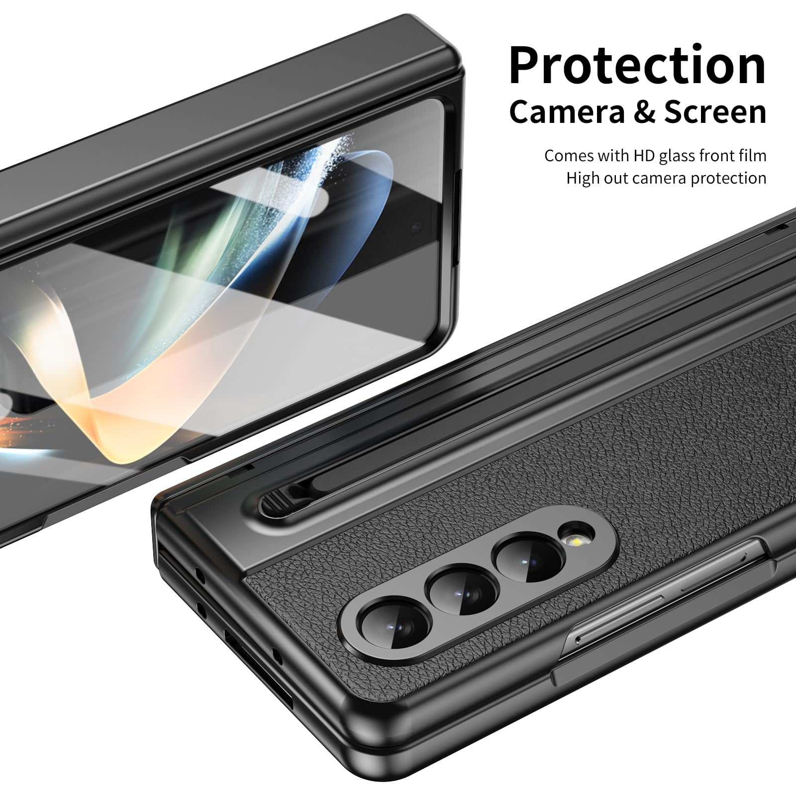 pour Galaxy Z Fold4 Étui avec Stylet et Emplacement pour Stylet, Protecteur d'écran trempé + Protection de charnière Housse en Cuir pour Samsung Galaxy Z Fold4-Noir