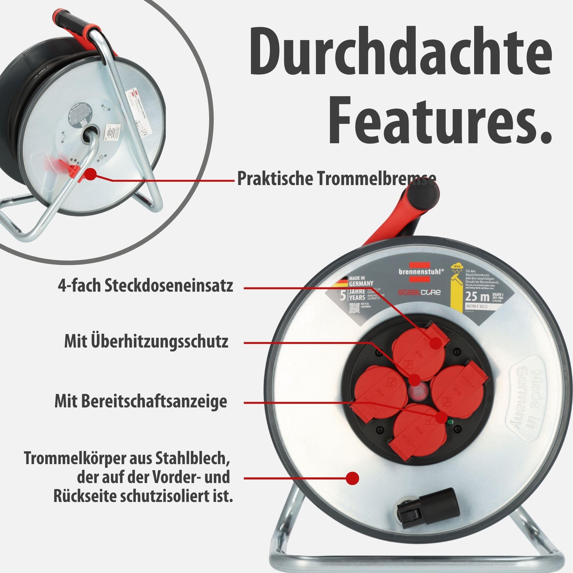 Brennenstuhl Professional SteelCore Kabeltrommel SC 2200 IP44 (25m H07RN-F 3G2,5, Trommelkörper aus Stahlblech, Baustelleneinsatz und ständiger Einsatz im Freien, Made in Germany)
