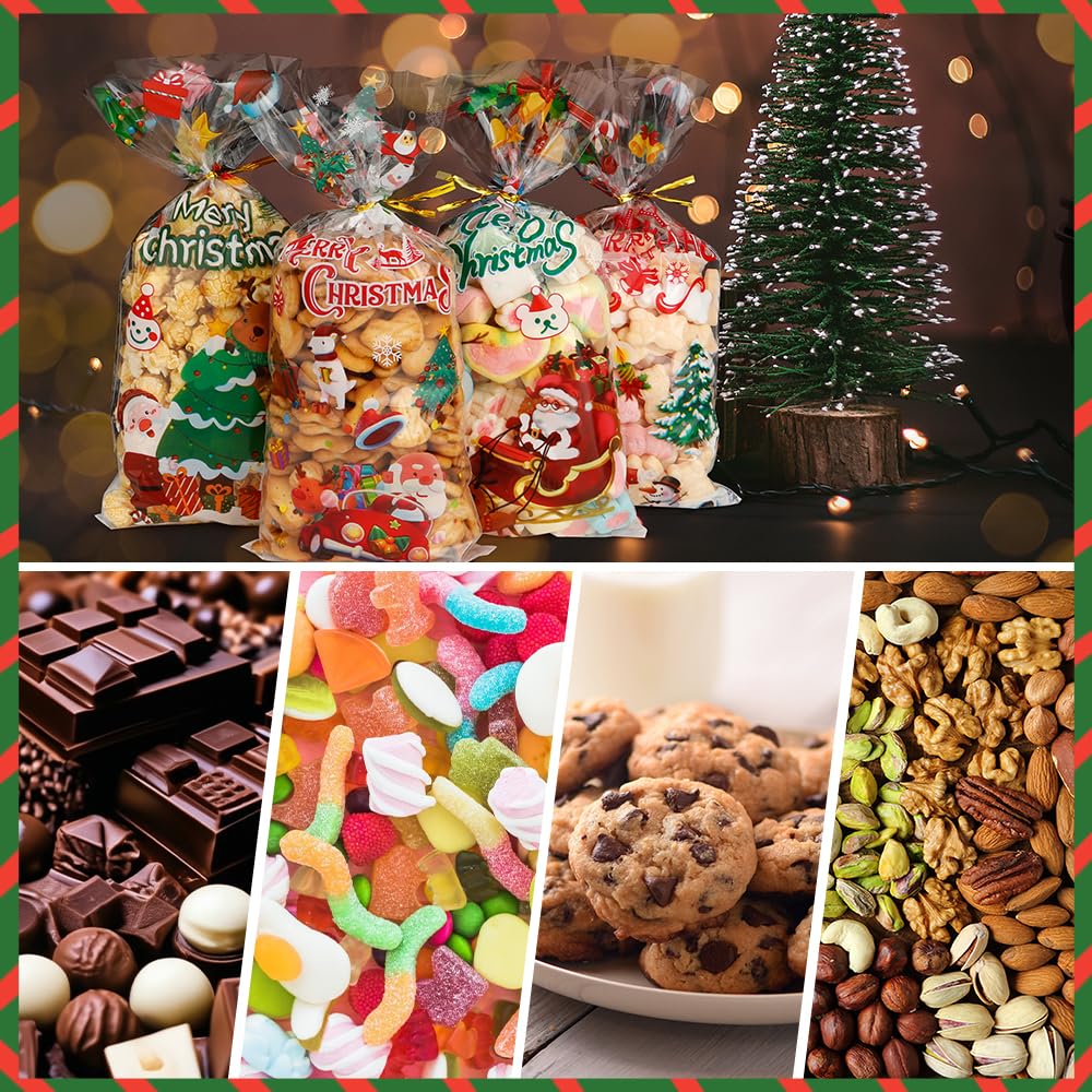 Bolsas de celofán de Navidad, bolsas de dulces de Navidad, paquete de 100 bolsas de plástico transparente con giros para bolsas de regalo de Navidad, suministros de fiesta, regalos de fiesta,