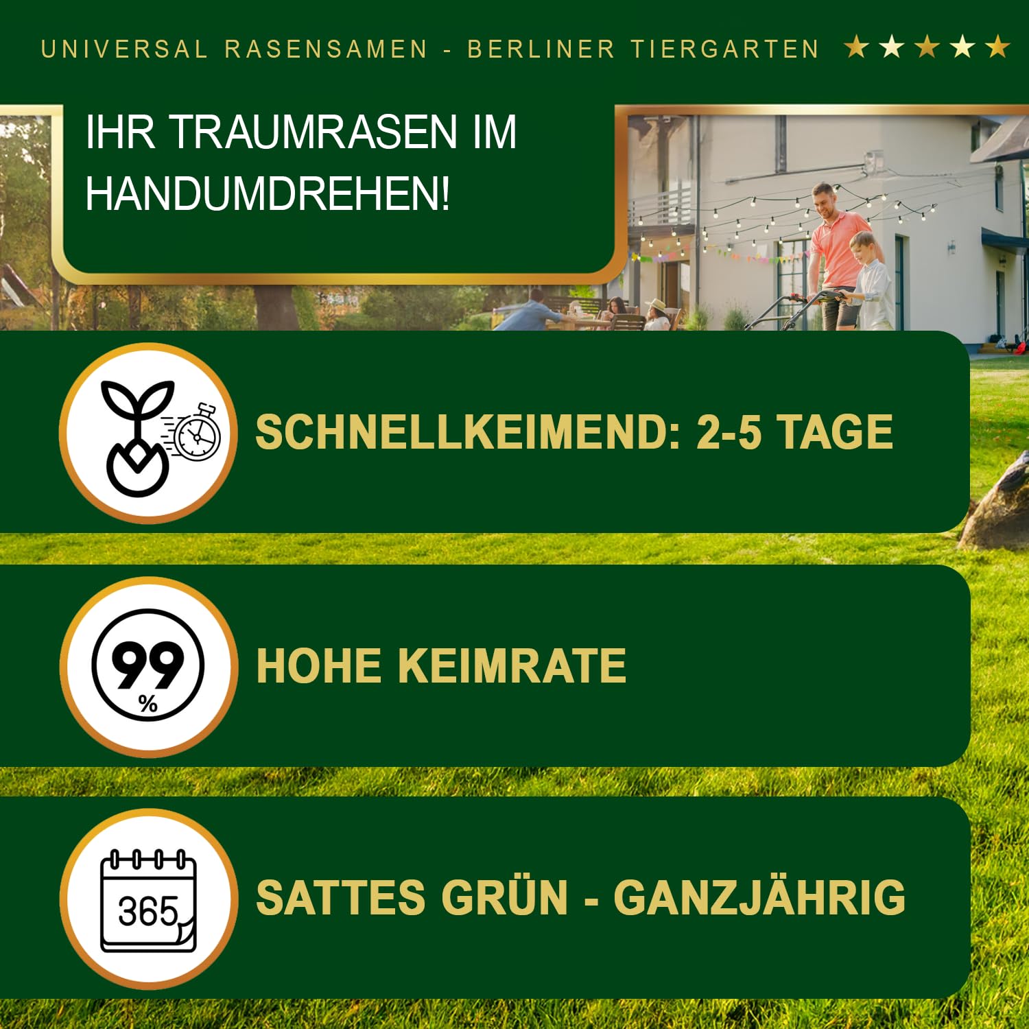 Universal Rasensamen Herbst - Berliner Tiergarten-Mischung, schnellkeimend, Neuanlage & Nachsaat, für dichten & sattgrünen Rasen, trockenresistent, 4,5 kg für 150 m²