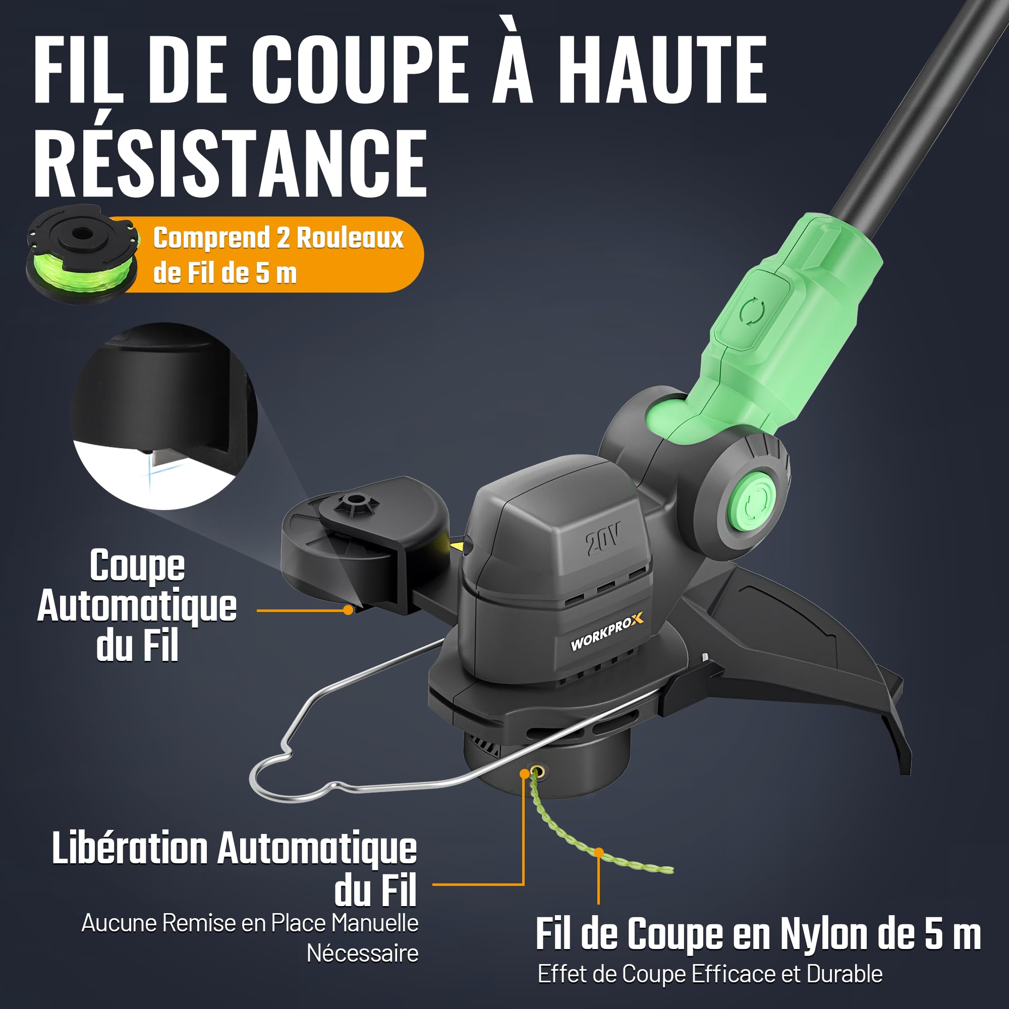 WORKPROX Coupe Bordures sans Fil 20V avec Batterie 4,0Ah | Tête Pivotante à 90°, Tondeuse Coupe-Bordures 2-en-1 Outil de Jardin, Largeur de 30 cm, 2 x 5 m de Fil Nylon