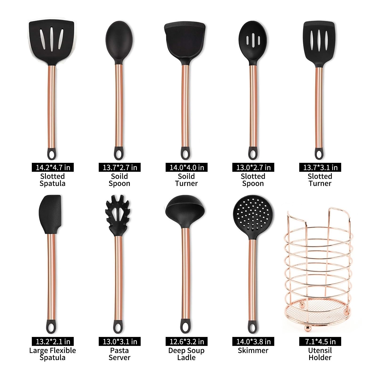 Set di utensili da cucina, 10 pezzi, in silicone, manico placcato in rame, antiaderenti, resistenti al calore, con supporto (oro rosa)