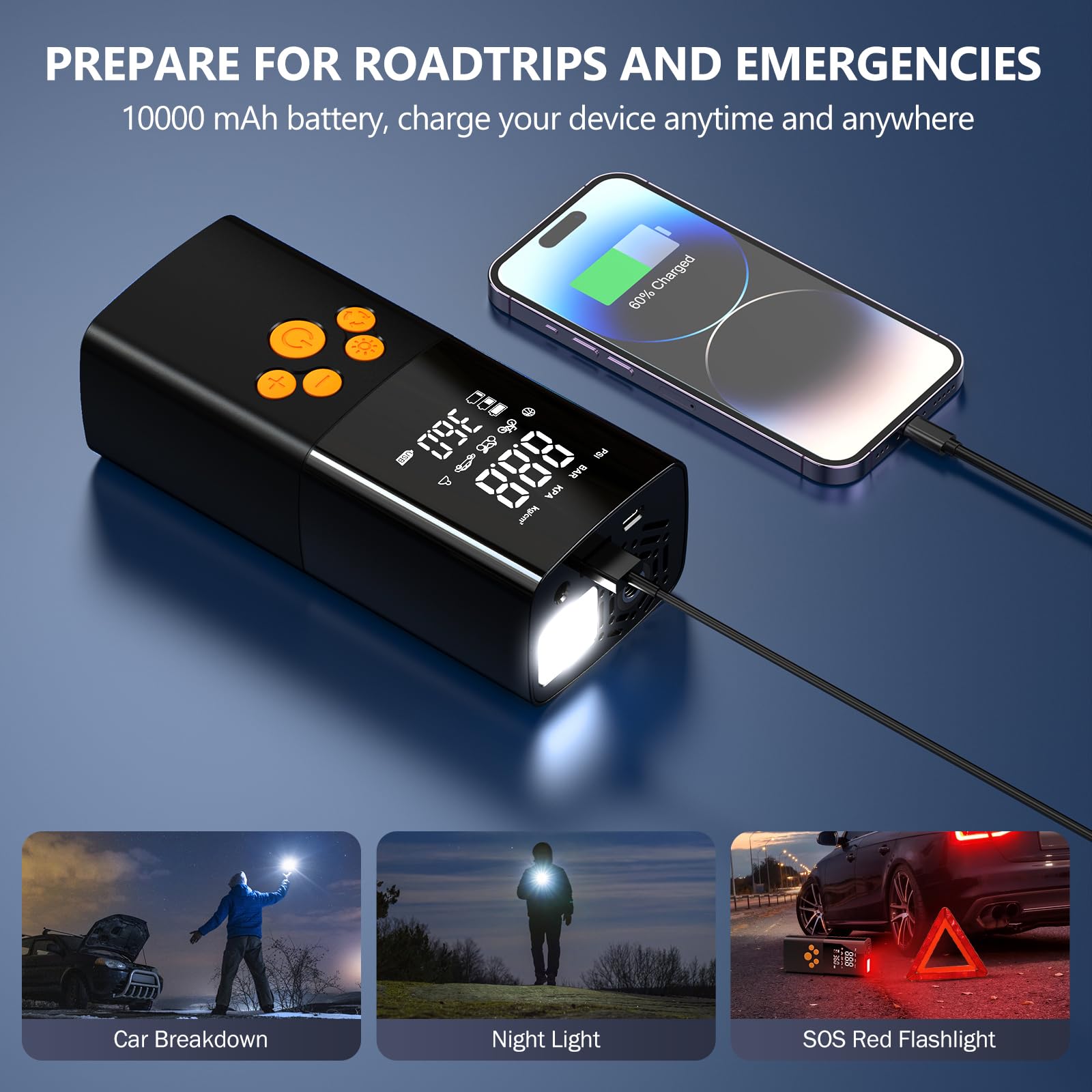 160PSI Compressore Aria Portatile 10000mAh,Portable Electric Air Compressor auto con 5 Modalità, Schermo LCD Digitale e Torcia LED, Pompa Elettrica per Bicicletta, Auto, Moto