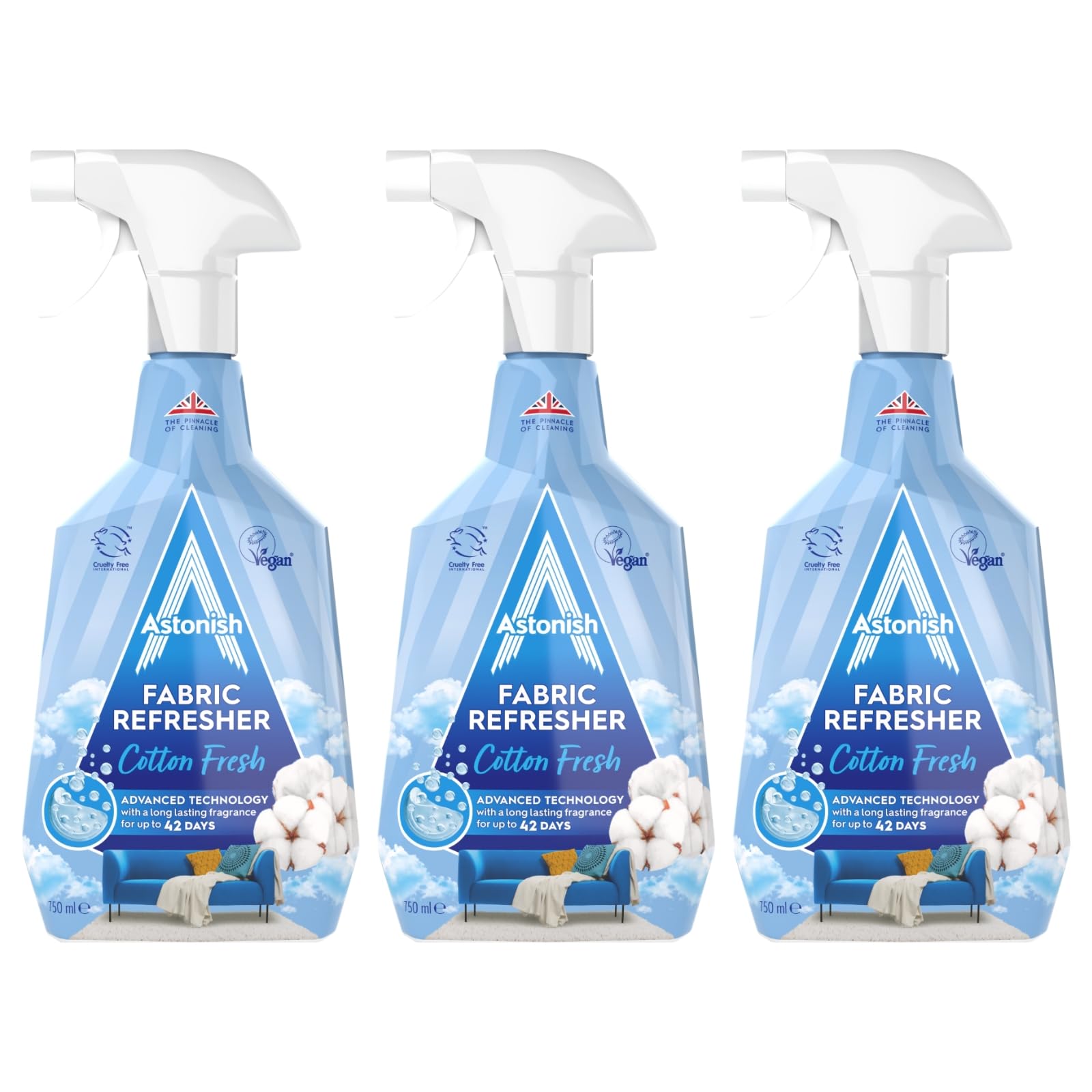 Astonish Fabric Refresher Spray for Freshening Clothes, Curtains, Carpets and Fabrics, Cotton Fresh Scent, 3 x 750ml