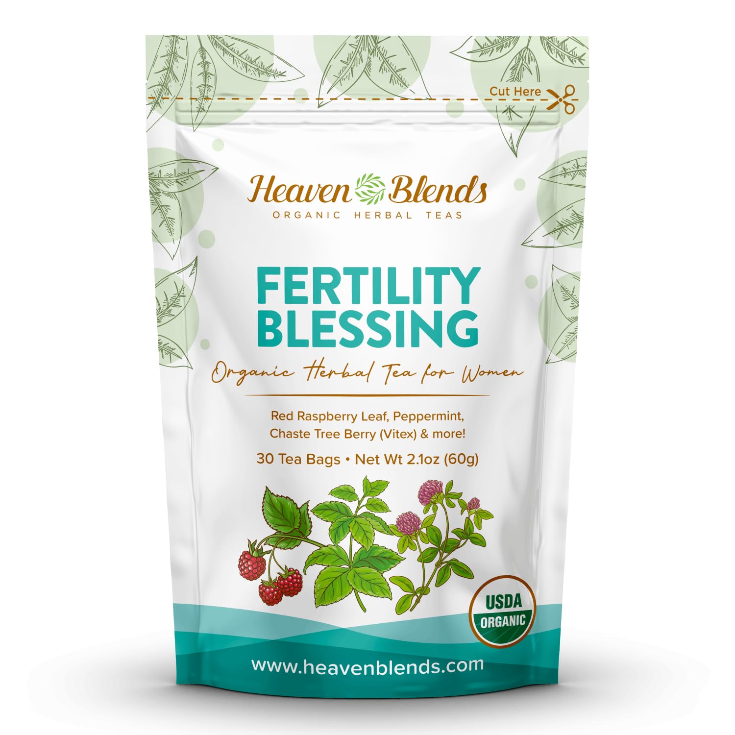 Heaven Blends Fertility Blessing Tea for Women – Red Raspberry Leaf, Peppermint, Chaste Tree Berry (Vitex), Red Clover, Nettle & Licorice – USDA Organic, Caffeine-Free, Sugar-Free, 30 Sachets