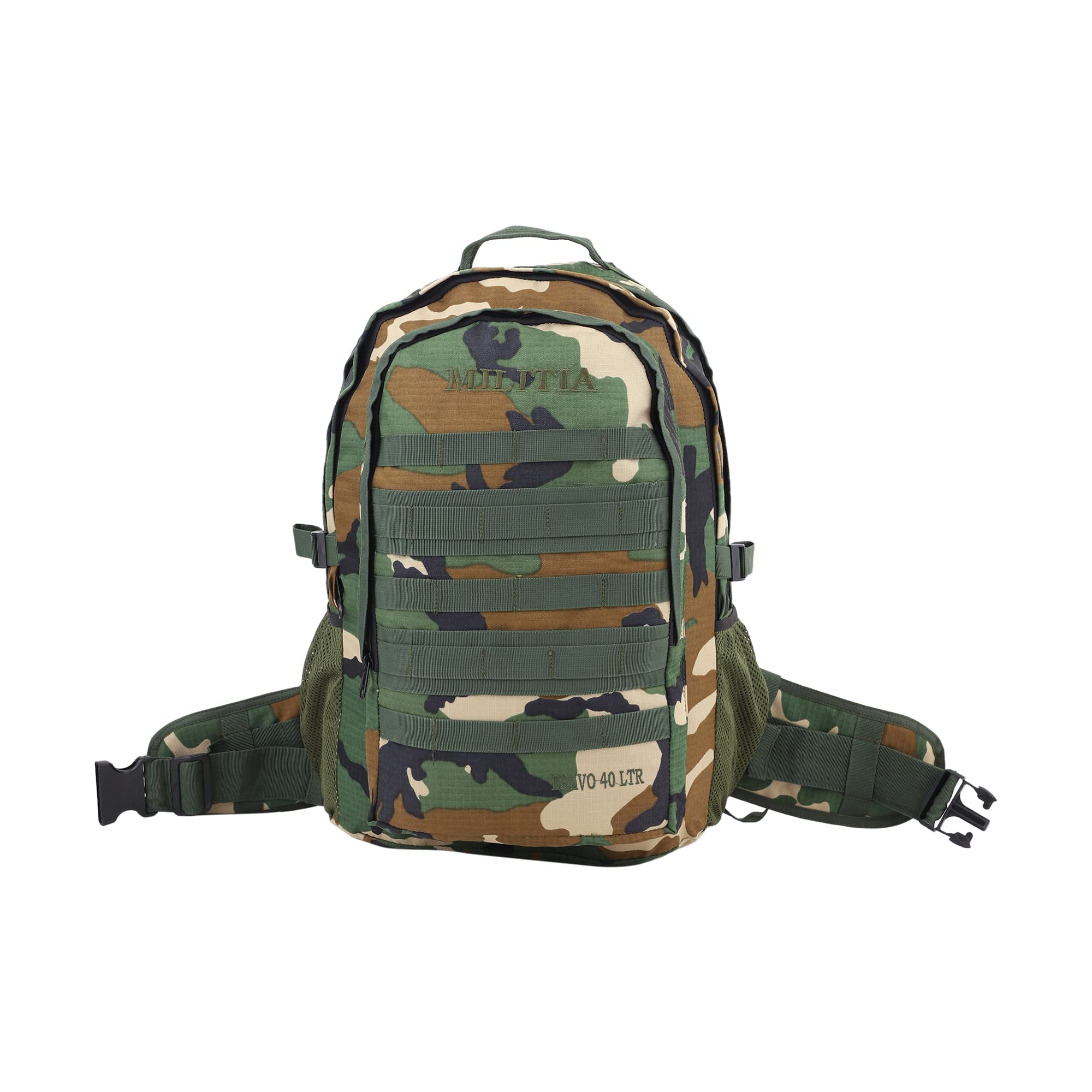 MILITIA bravo woodland camouflage print 40 liters army military grade commando travelling hiking camping school college tactical backpack