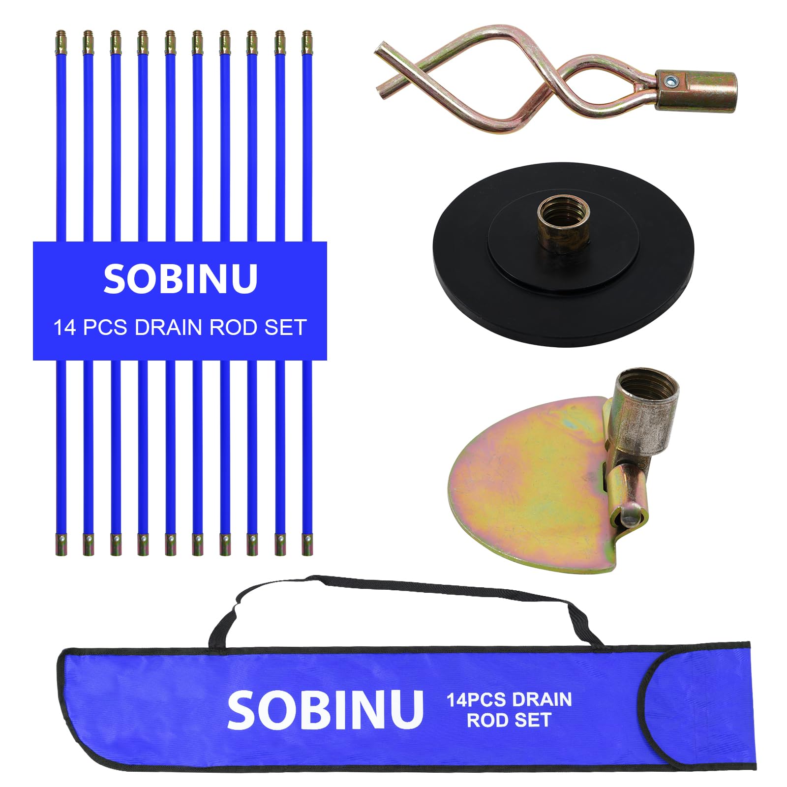 Sobinu Blue Drain Rod Set 14Pcs – Professional Drain Unblocker With Carry Bag – Heavy Duty Rods With Brass Connectors, Auger, Plunger & Worm Screw For Blocked Pipes