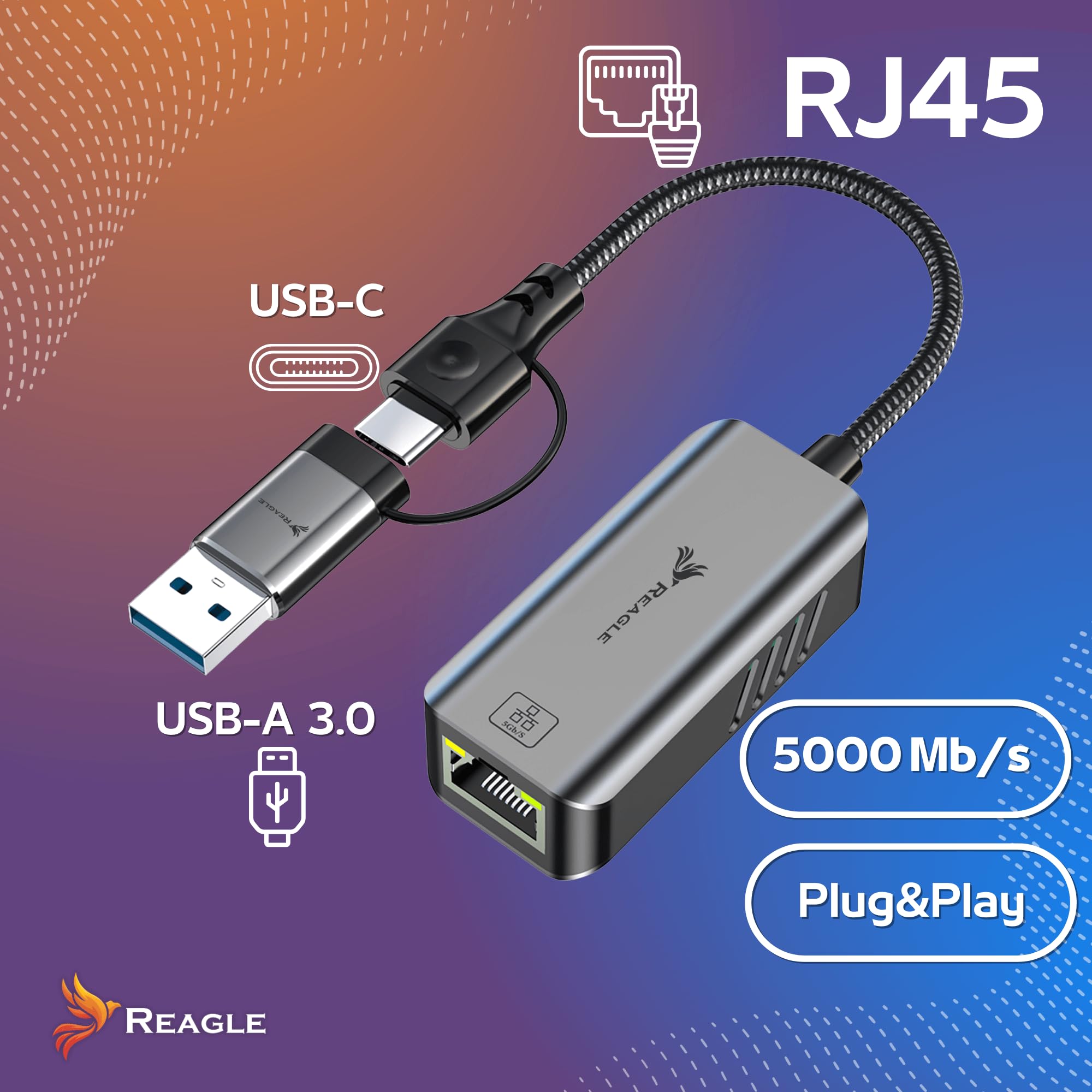Reagle Adaptateur USB-A USB-C 3.2 vers RJ-45 Ethernet - 5000 Mbps, boîtier en aluminium, affichage LED, Plug & Play, compatible avec Windows & Mac OS, Android, Linux