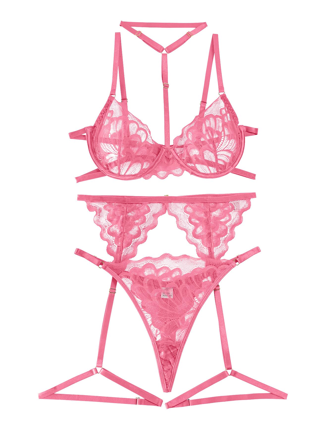 Lilosy Sexy Choker Floral Lace Scallop Sheer Underwire Push Up Garter Belt Lingerie Set 3 Piece