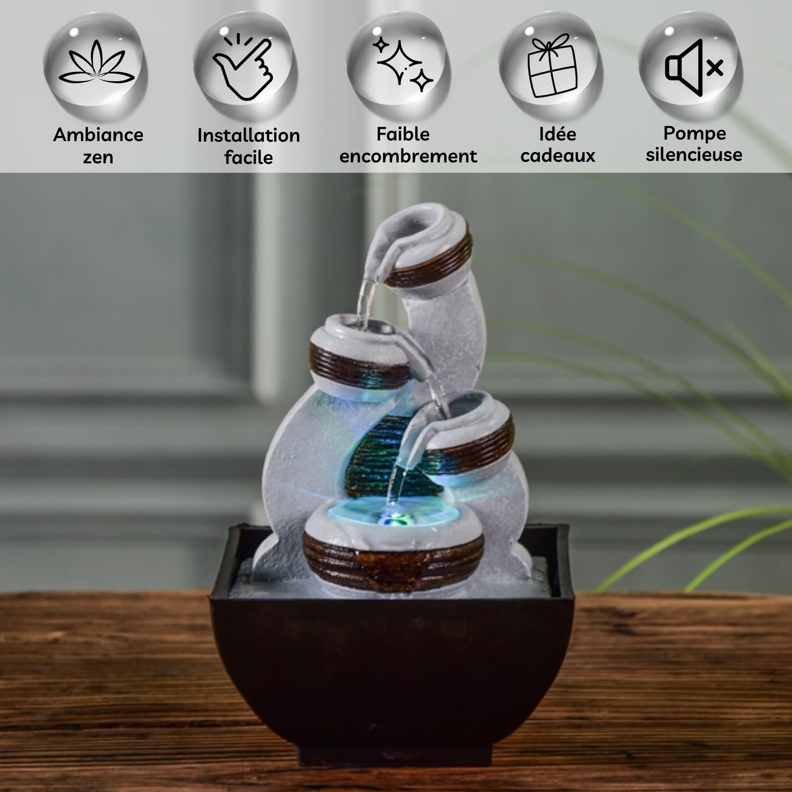Fontaine Kara - Fontanna do wnętrz Wodospad Słoik - Dekoracja wnętrz Zen Relax - Pomysł na prezent - Fontanna stołowa LED - Obwód zamknięty - Czarny i szary - Wysokość 18 cm - Zen'Light