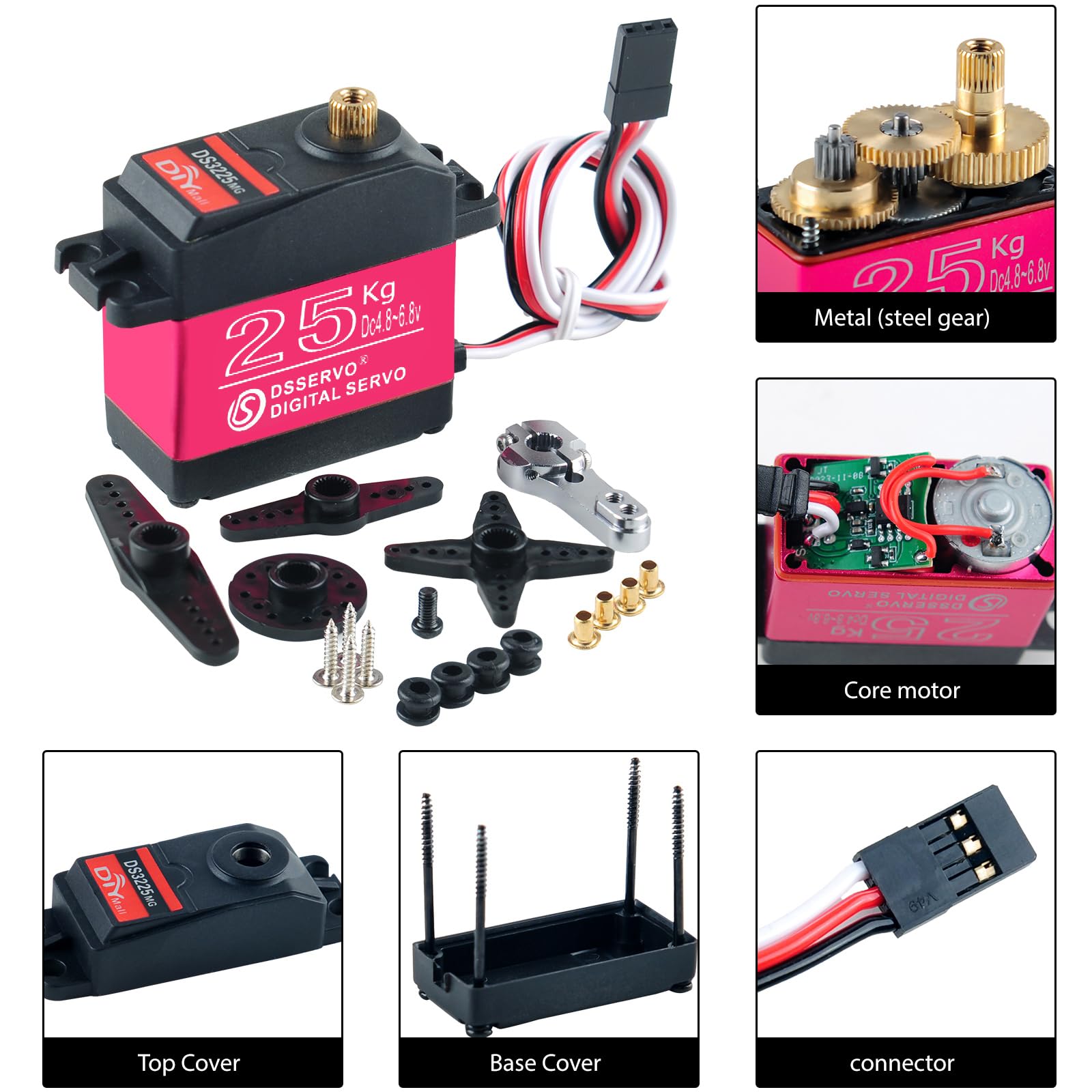 Geekstory DS3225 25KG Digital Servo Motor 270 Degree High Torque Full Metal Gear RC Servo with 25T Servo Arm Horn IP66 Waterproof for 1/8 1/10 Baja RC Cars Crawler Buggy Truggy