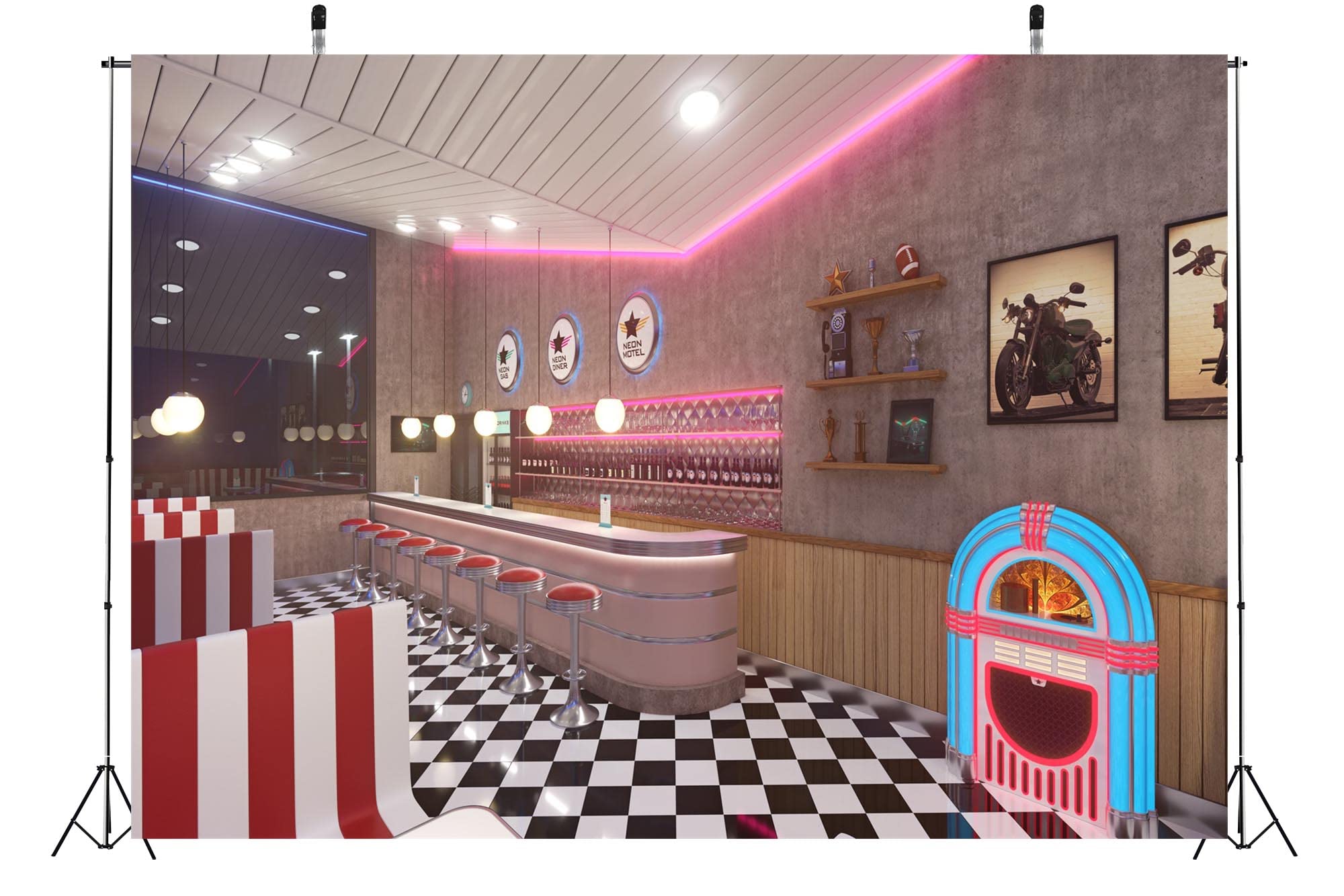 BELECO 3x2m Fabric Retro 50s Diner Restaurant Backdrop Classic 1950s Soda Shop Meal Time Local Diner With Wall Of American Memorabilia Dinner Time Background For Party Decorations Studio Photo