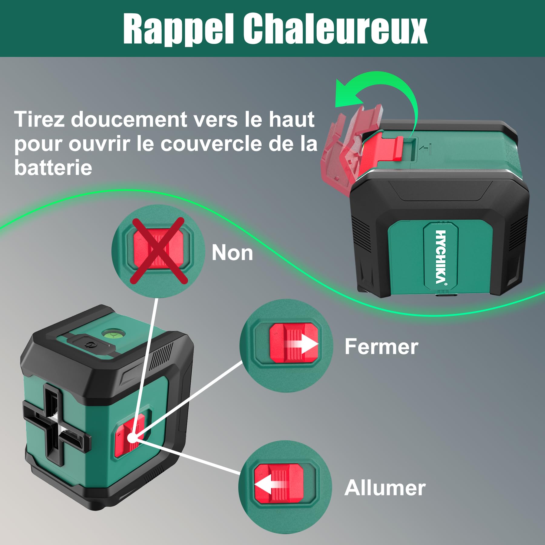 HYCHIKA Niveau Laser 15M, Autonivelant Laser Vert avec 3 Niveaux de Luminosité Réglables, Niveaux Laser avec Support pour Décoration de Maison, 2 Piles AA