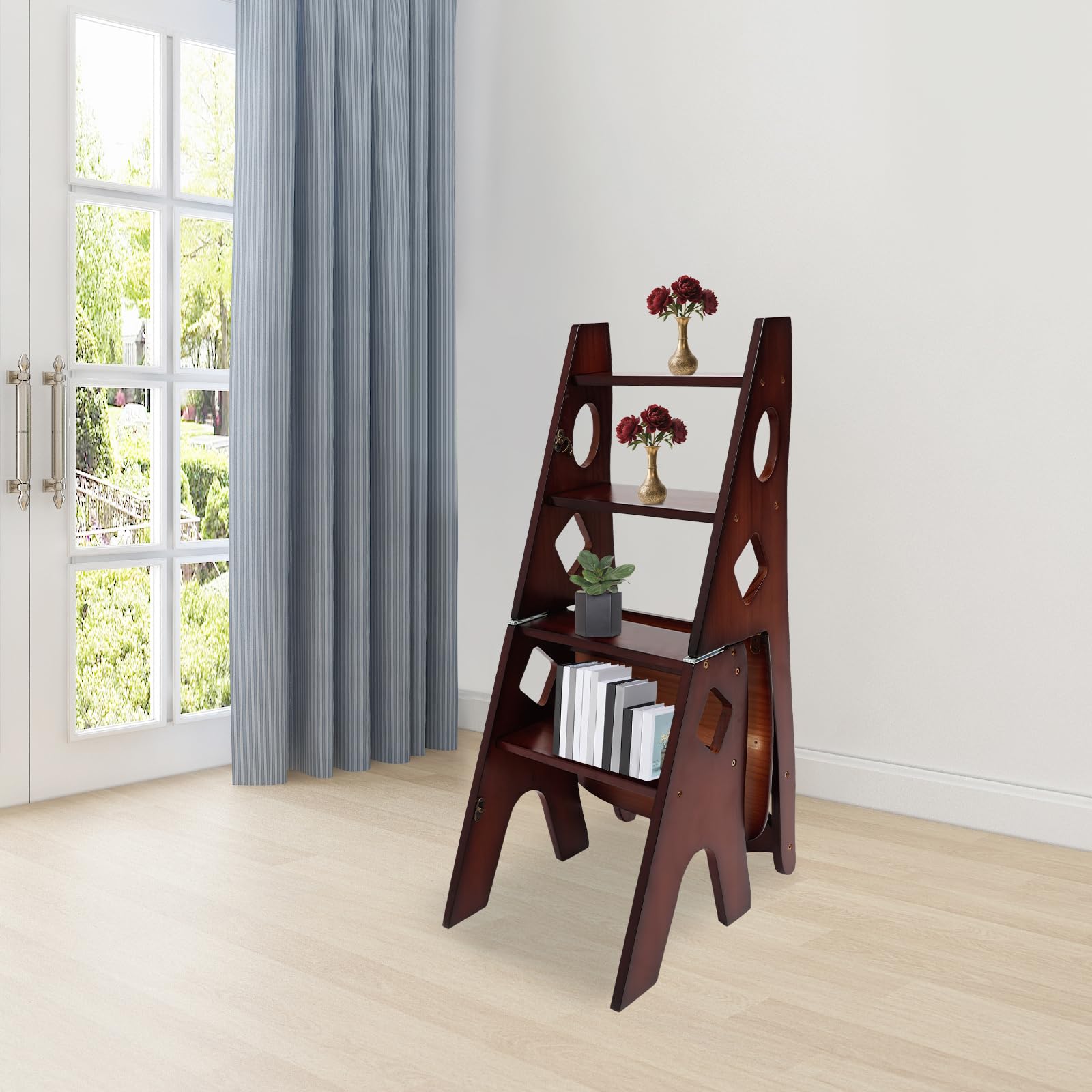 Chaise pliante-marchepied à 4 marches en bois pliable - Escabeau convertible et chaise d'escalier - Échelle multifonction, capacité de charge 100 kg, pour usage intérieur et extérieur (Noyer)