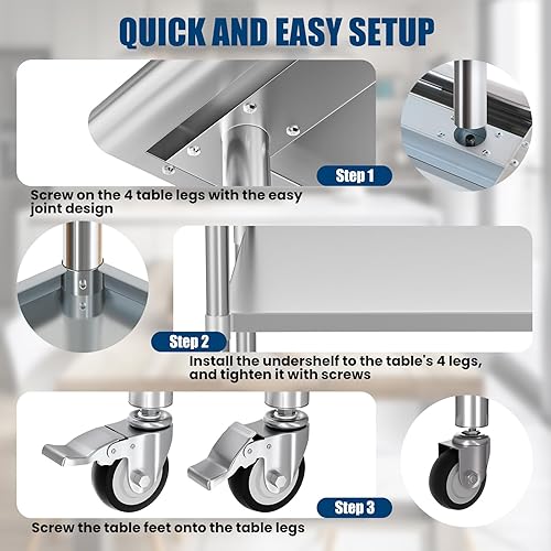 Miniatura 5 de Mesa de acero inoxidable con ruedas de 24 x 30 pulgadas, mesa de preparación de metal con protector contra salpicaduras y estante inferior