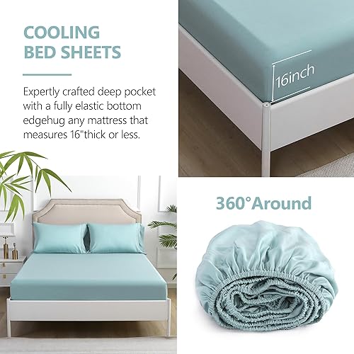 Miniatura 4 de Lyocell - Juego de sábanas de tamaño Queen, rayón derivado del bambú, bolsillo profundo de hasta 16 pulgadas, 4 piezas suaves y sedosas,
