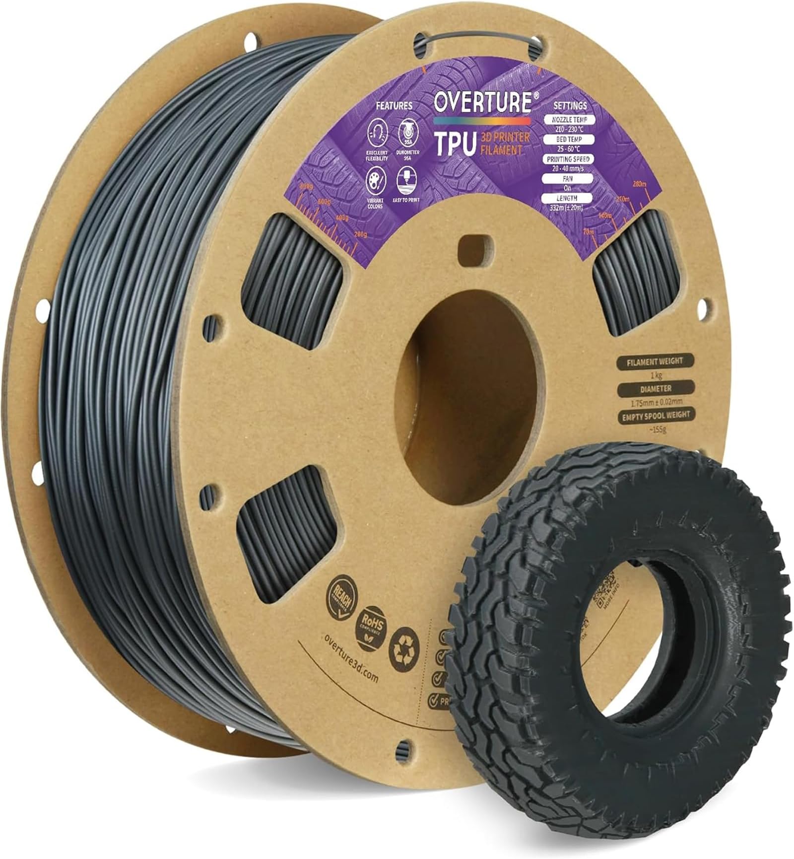 OVERTURE TPU Filament 1.75mm Flexible Roll, 95A Soft 3D Printer Filament, 1kg Spool (2.2 lbs), Fit Most FDM Printer (TPU Space Gray)