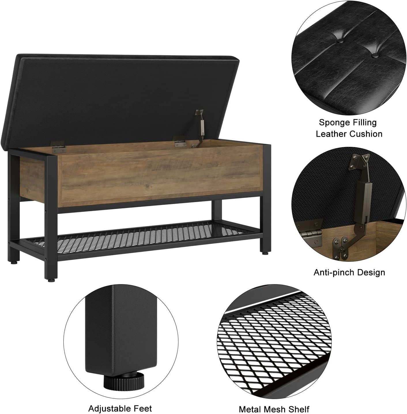 HOSTACK Storage Bench, Entryway Shoe Bench with Flip-Open Storage Box, End of Bed Ottoman Bench with Storage Shelf and Padded Seat for Bedroom, Hallway, Rustic Brown