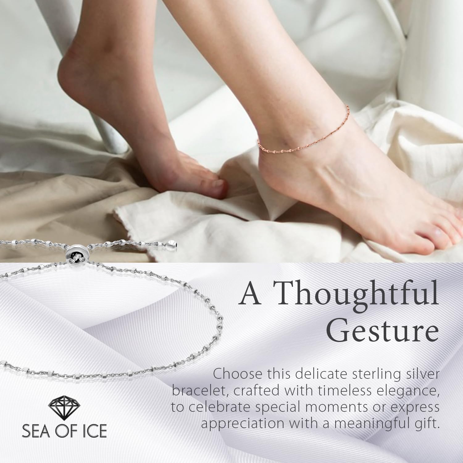 SEA OF ICE Sterling Silver 1mm Diamond-Cut Alternate Bead Rolo Chain Adjustable Bracelet for Women - Image 7