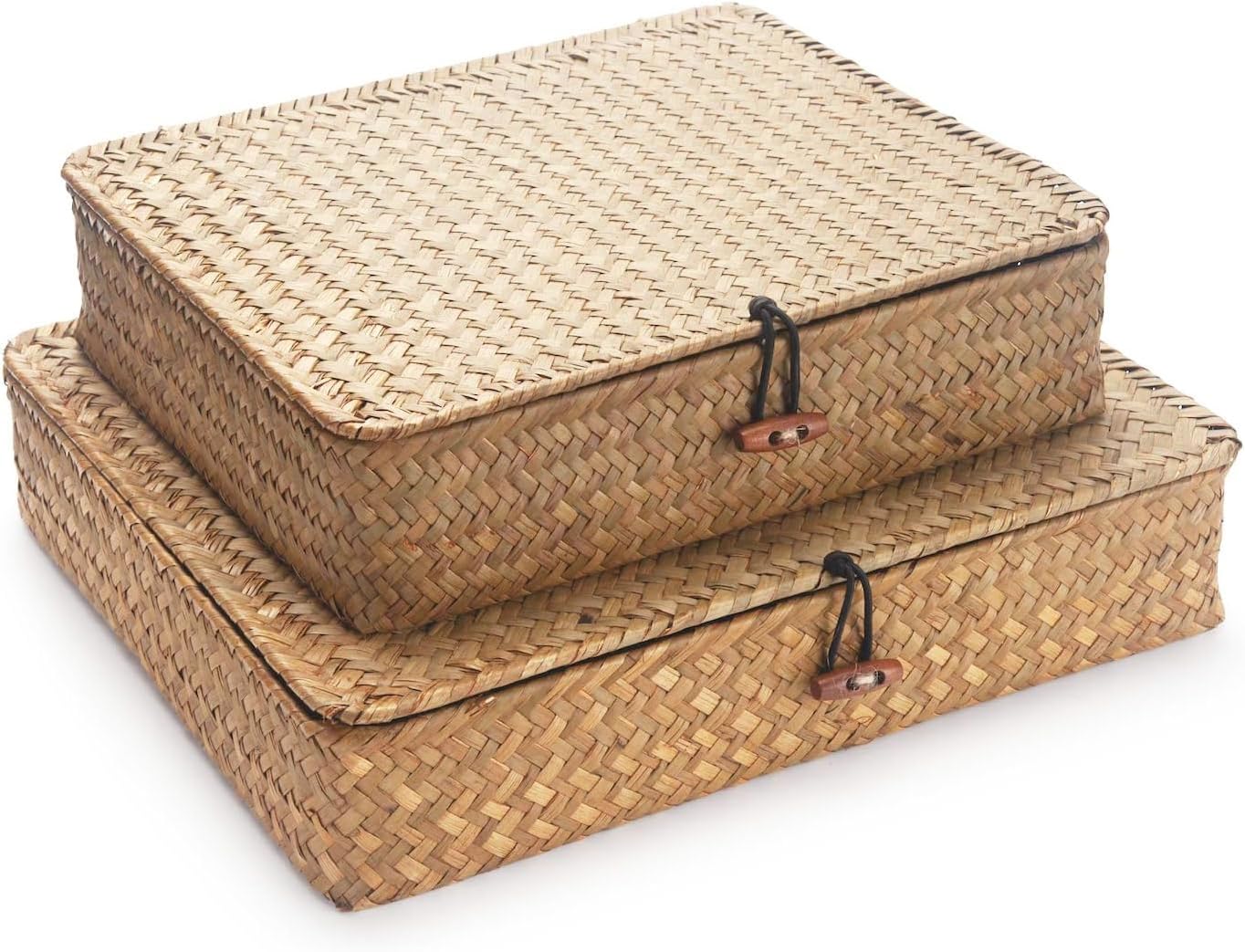 Seagrass Storage Baskets with Lid, Flat Wicker Basket, Rattan Storage Bins, Shallow Woven Basket for Shlef, Decorative Storage Boxes for Organizing