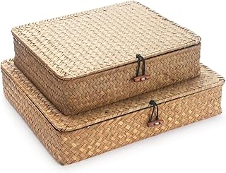 Seagrass Storage Baskets with Lid, Flat Wicker Basket, Shallow Woven Bas...