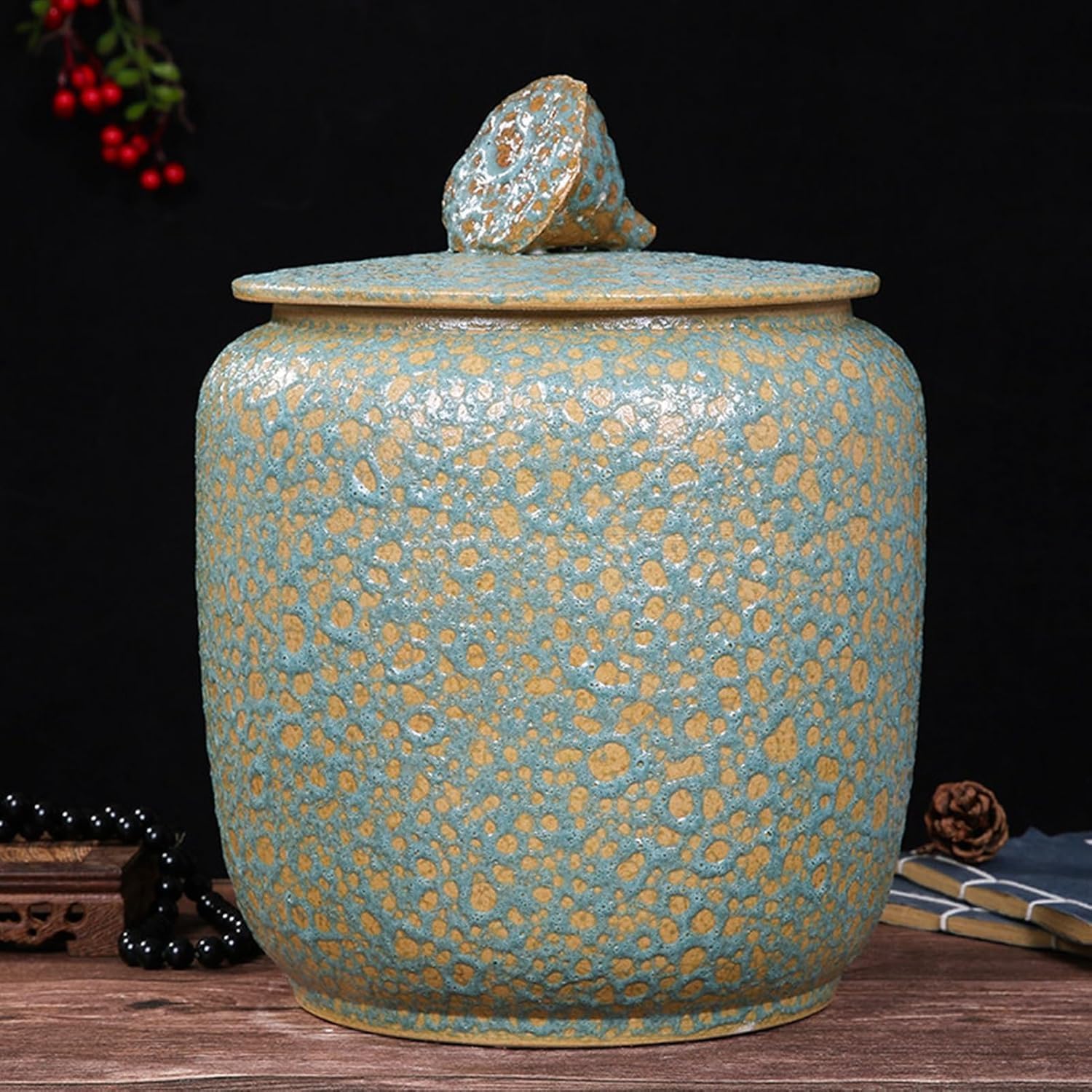 ELEFOCUS Ceramic Rice Jar with Lid, Handcrafted Chinese Style Food Storage Container, Large Capacity Rice Containers(Black,12.6x19.7in/32x50cm)