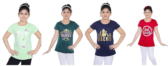 N Paul Kids Top Cotton Printed Regular Fit Casual T Shirt for Girls (Npaul_Girl_Pack4_LightGreenGreenNavyRed)