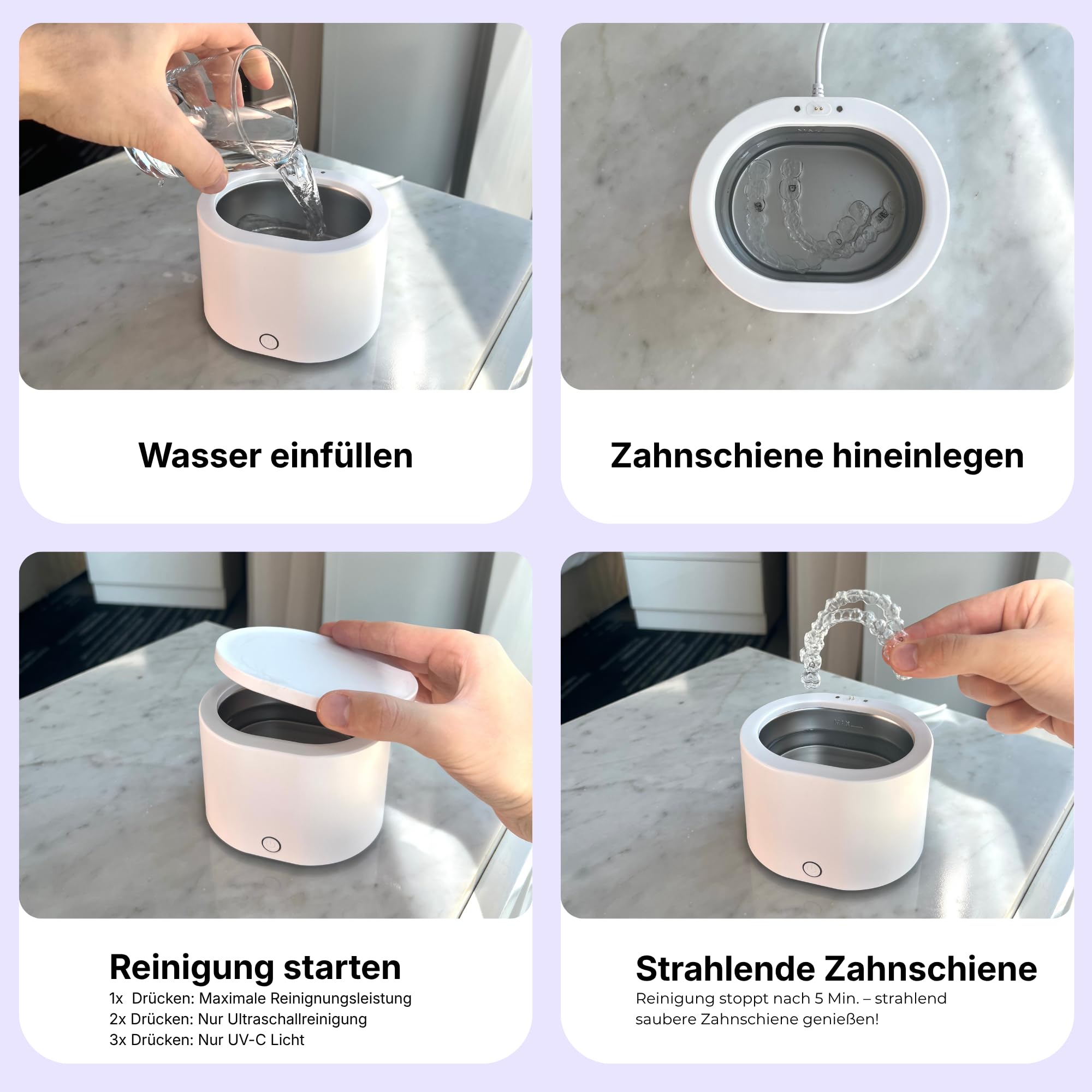 SonicSmile® Sonic One Ultraschallreiniger – Zahnschienen & Aligner, Knirscherschienen, Prothesen, Tiefenreinigung für unterwegs & zu Hause