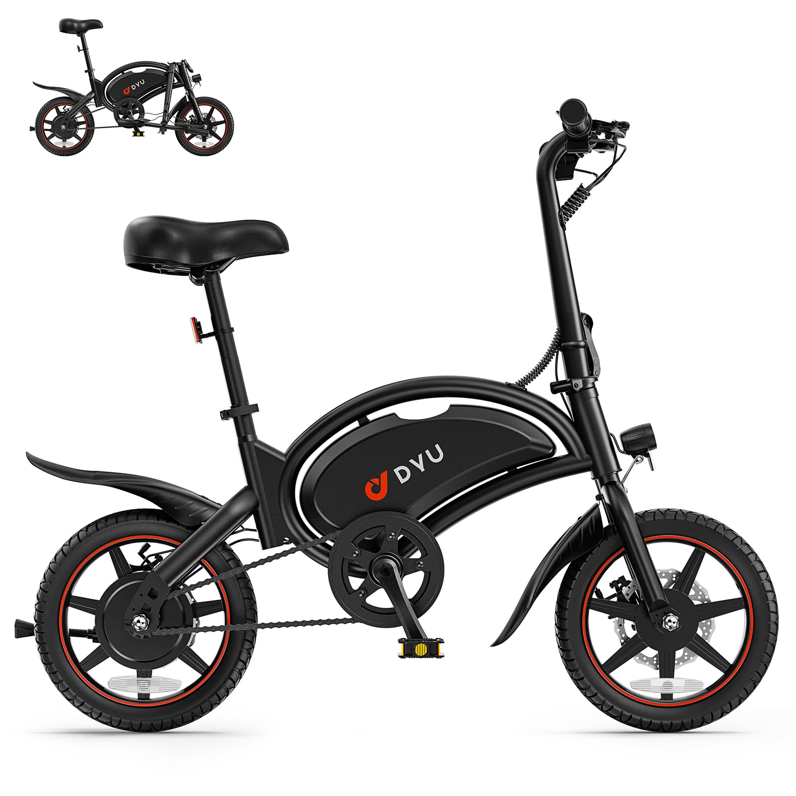 DYU D3S Vélo électrique Pliant 14" - Vitesse maximale de 25 km/h, portée de 40 km, Freins à Disque - Pliable - pour Adolescents et Adultes - Noir