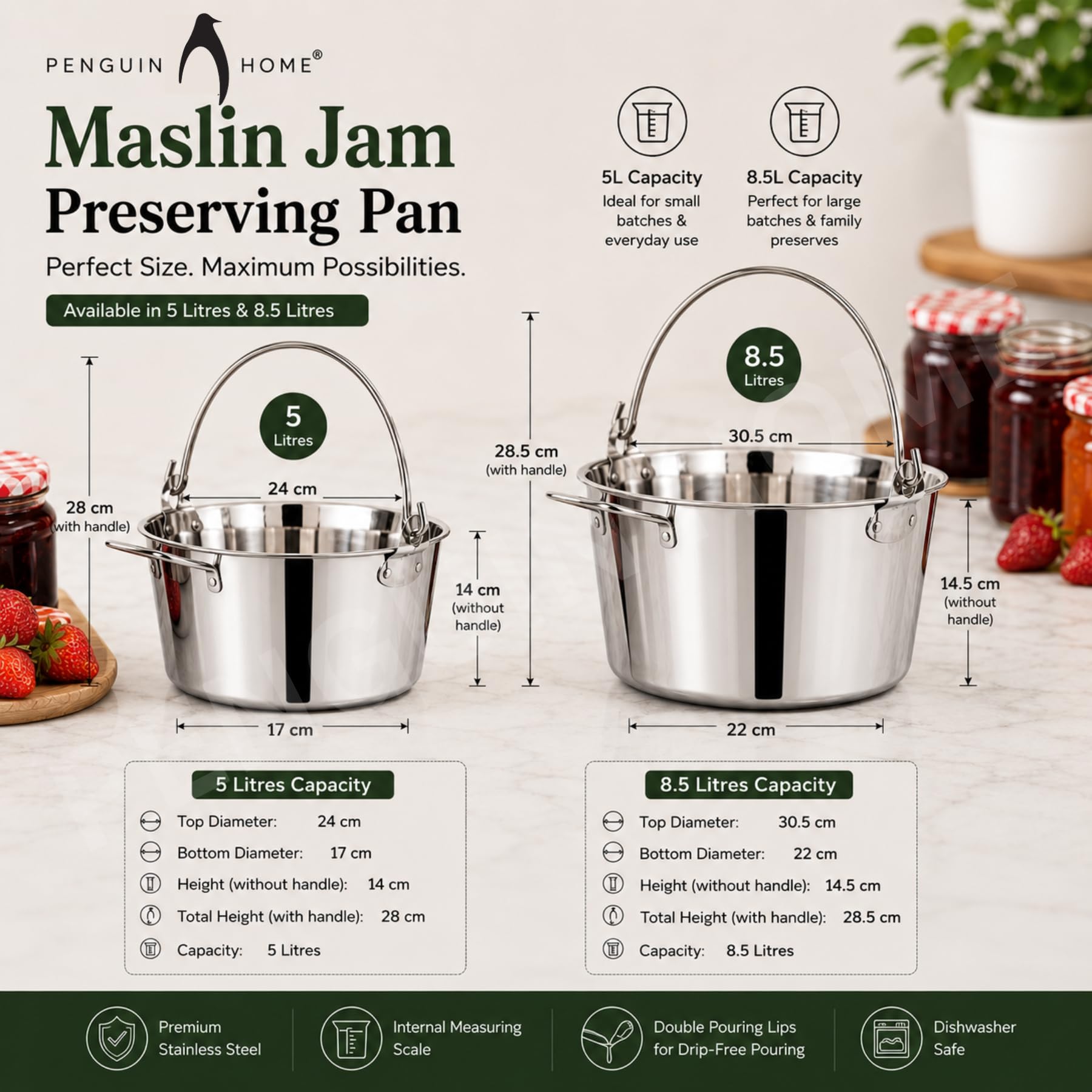 Penguin Home Professional Poêle à confiture/Maslin - Capacité de 8.5 litres - Acier inoxydable - Compatible avec toutes les plaques de cuisson - Diamètre 30,5 cm