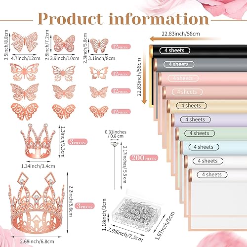 Miniatura 2 de Ceenna 294 accesorios para ramos de flores que incluyen 40 hojas de papel de regalo de flores con borde dorado, 6 mini coronas, 48 decoraciones de