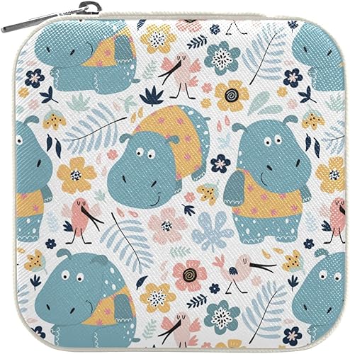 Miniatura 7 de ZZKKO Joyero pequeño con diseño floral de hipopótamo, joyero de viaje, organizador de viaje de cuero, mini cajas de almacenamiento portátiles para