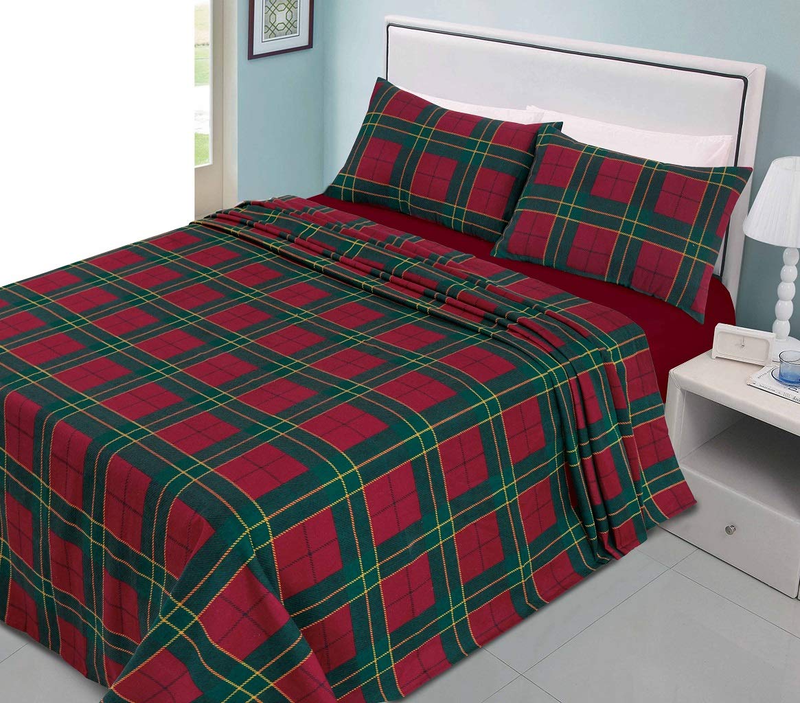 De Lavish Tartan Red Flannelette Sheet Set Check Printed Single Size Reversible Bedding 100% Brushed Cotton Includes 1 Fitted Sheet + 1 Flat Sheet + 1 Pillowcase,