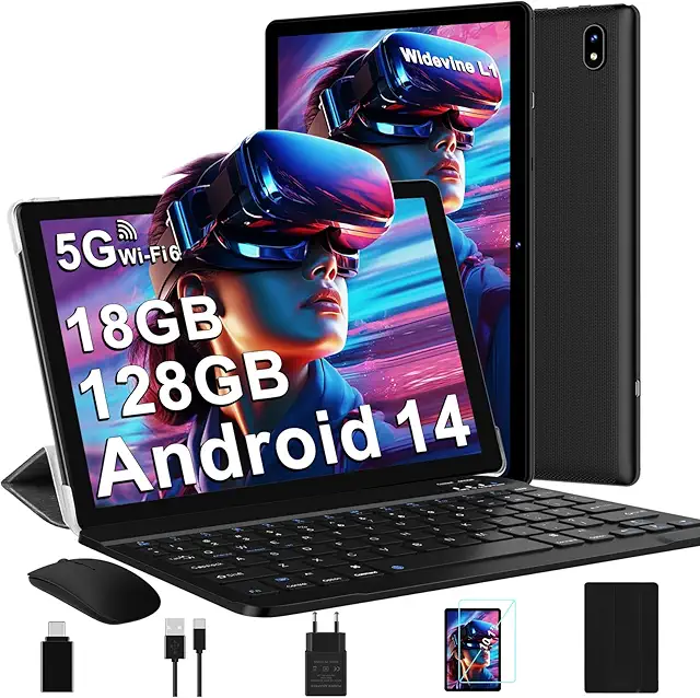 Imagen relacionada con DMOAO Tablet 10 Pulgadas Android 14 con 5G Wi-Fi 6, FHD Tablet con 18 GB RAM + 128 GB ROM (Ampliable a 1TB), Widevine L1, 8 Cores, BT 5.0, 6000mAh, USB-C, Tablet con Teclado + Ratón + Funda, Nero
