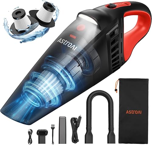 AstroAI Aspiradora de mano inalámbrica con accesorios, aspiradora portátil con alimentación de 12 V CC, luz LED, cepillo, tubo de succión extendido,