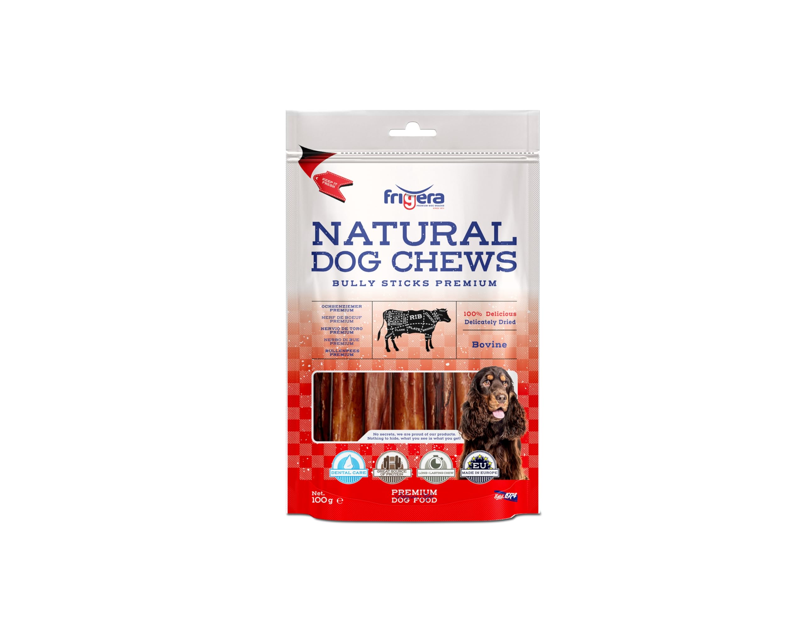 Frigera Cuccia di bue di alta qualità, 15 cm, 100 g, manzo, naturale, ricco di proteine, per cani, senza glutine e cereali, a lunga durata.