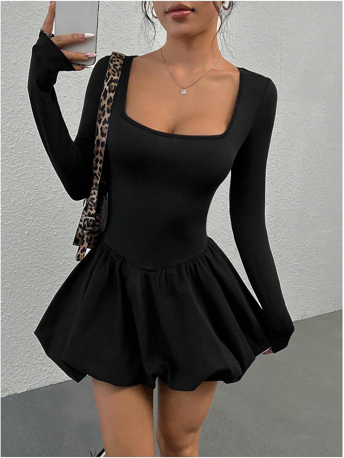 GORGLITTER Women's Long Sleeve Square Neck Mini Bubble Dress Y2k Goth Sheer Mesh See Through Fall Cocktail Dresses 2025 - Image 4