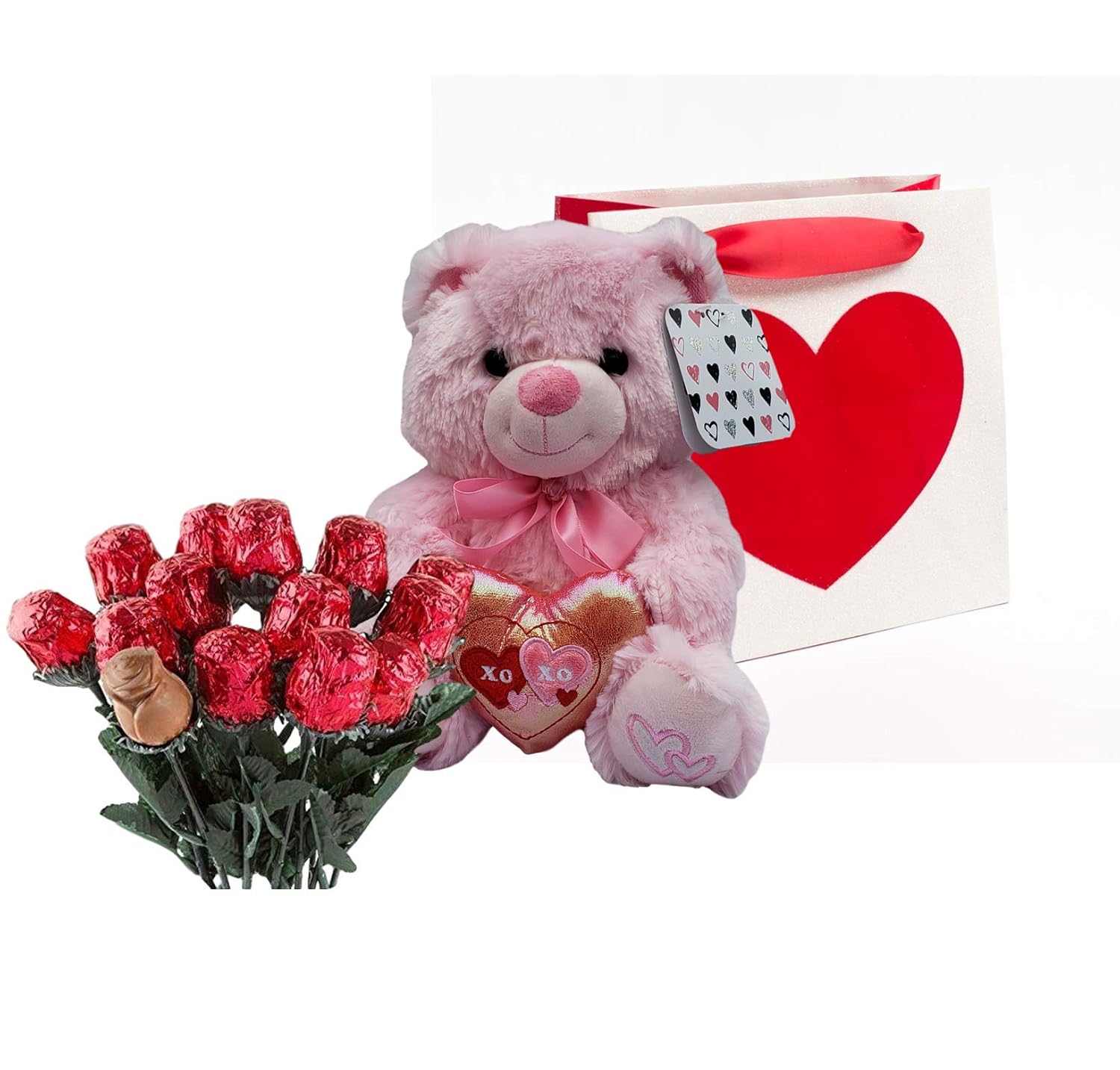 Valentines Day Gift Basket | 10 Inches Teddy Bear Plush (Color May Vary), Valentine Theme Gift Bag & A dozen Belgian Milk Chocolate Roses Bouquet 2.11 ounce | For Her Wife Girlfriend Mother Daughter